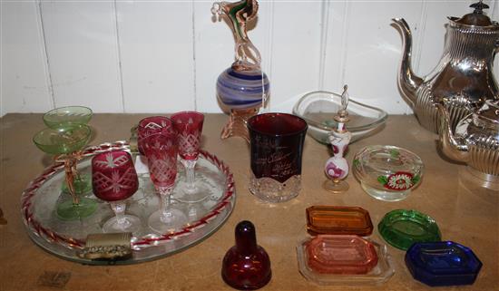 Qty of coloured glassware & tray